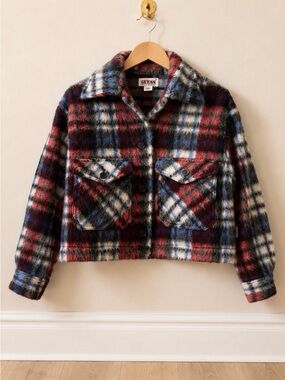 GUESS Originals Fuzzy Plaid Cropped Shacket Jacket XS